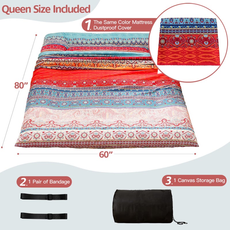 MAXYOYO Bohemian Retro Floor Mattress Vintage Floral Japanese Futon Mattress Roll Up Tatami Floor Mat Foldable Bed Portable Camping Mattress Sleeping Pad Floor Lounger Couch Bed Queen Size - Image 2